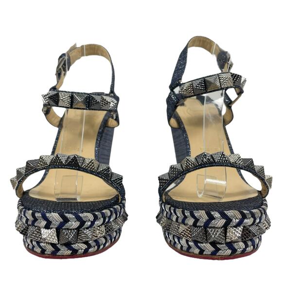 Christian Louboutin Lame Lux Pyraclou 110 Denim Wedge Sandal Blue Size 41 - Picture 3 of 12